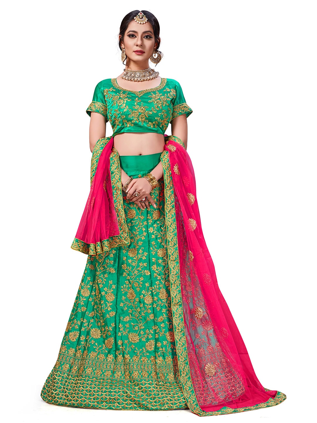 MANVAA Green & Pink Embroidered Thread Work Semi-Stitched Lehenga & Unstitched Blouse With Dupatta Price in India