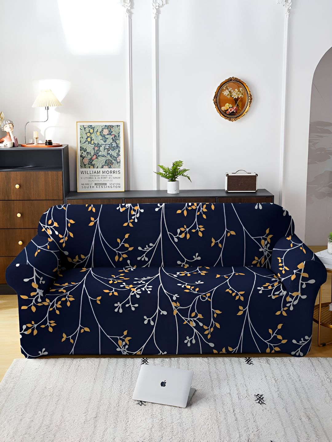 Aura Aura Stretchable Navy Blue Leaf Polyester Stretch Fit Straight 3 Seater Sofa Cover-73x91In