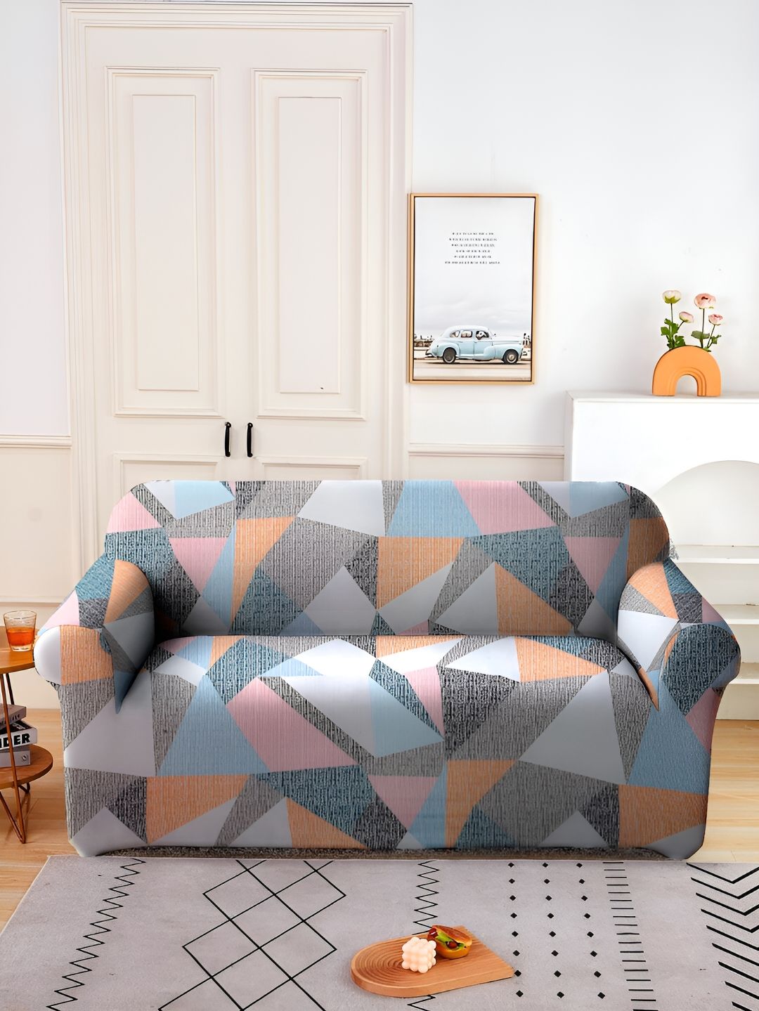 Aura Aura Grey & Pink Printed Stretchable Two Seater Sofa Cover With Arms
