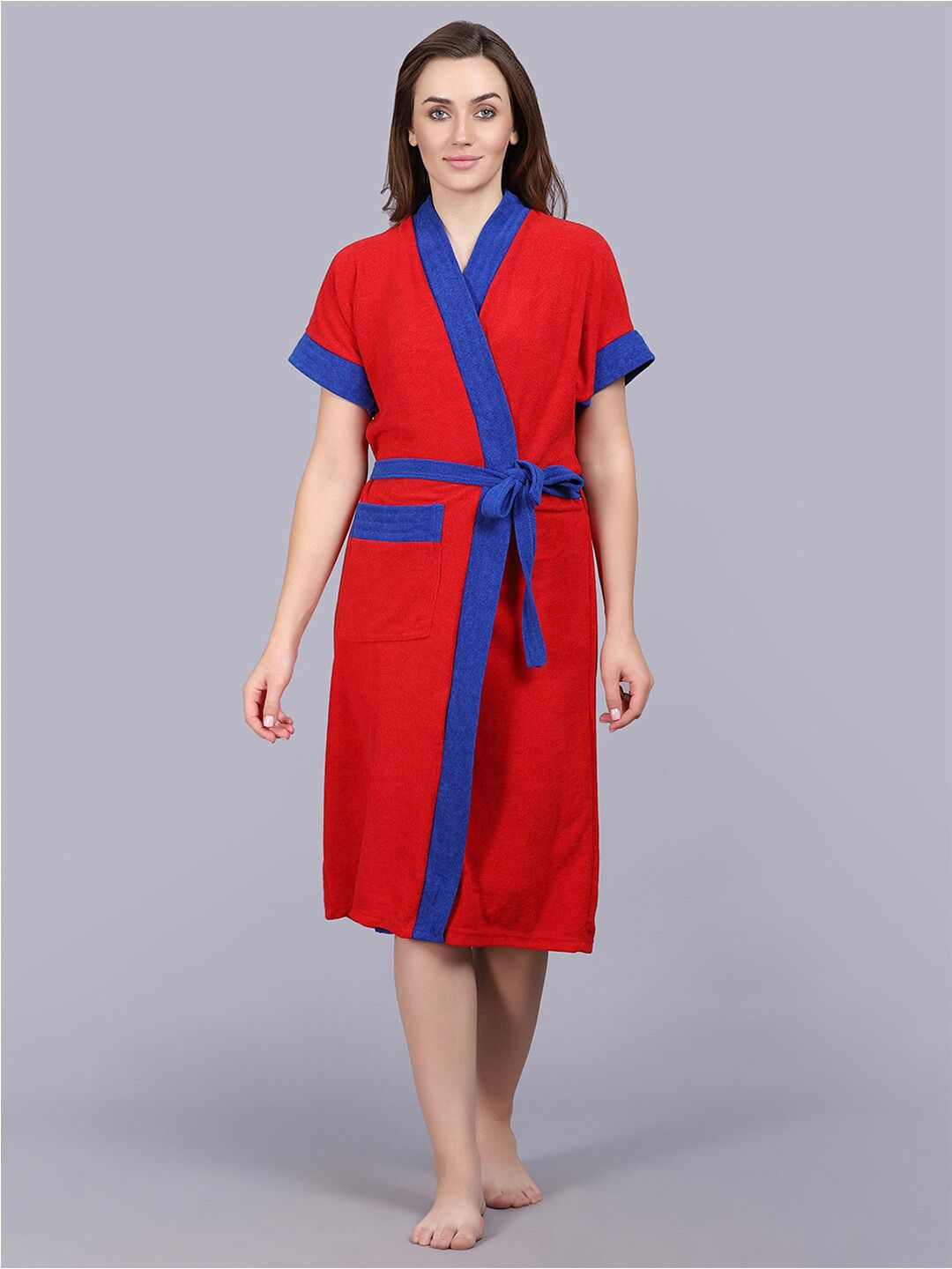POORAK Red & Blue Short Sleeves Bath Robe