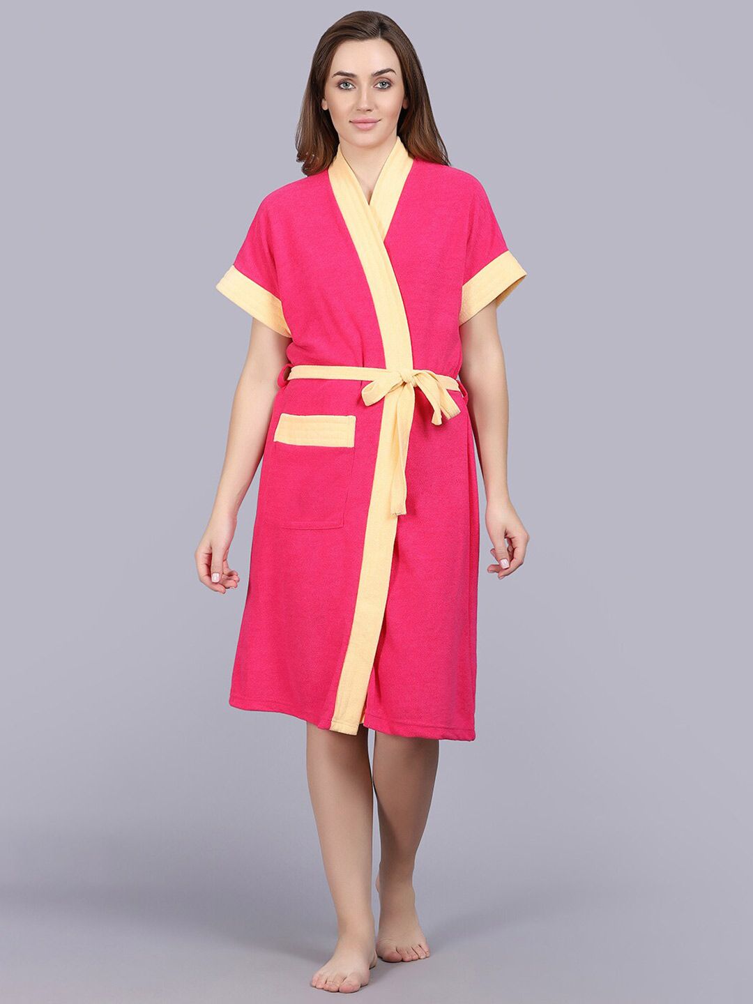 POORAK Pink & Yellow  Shawl Collar Bath Robe
