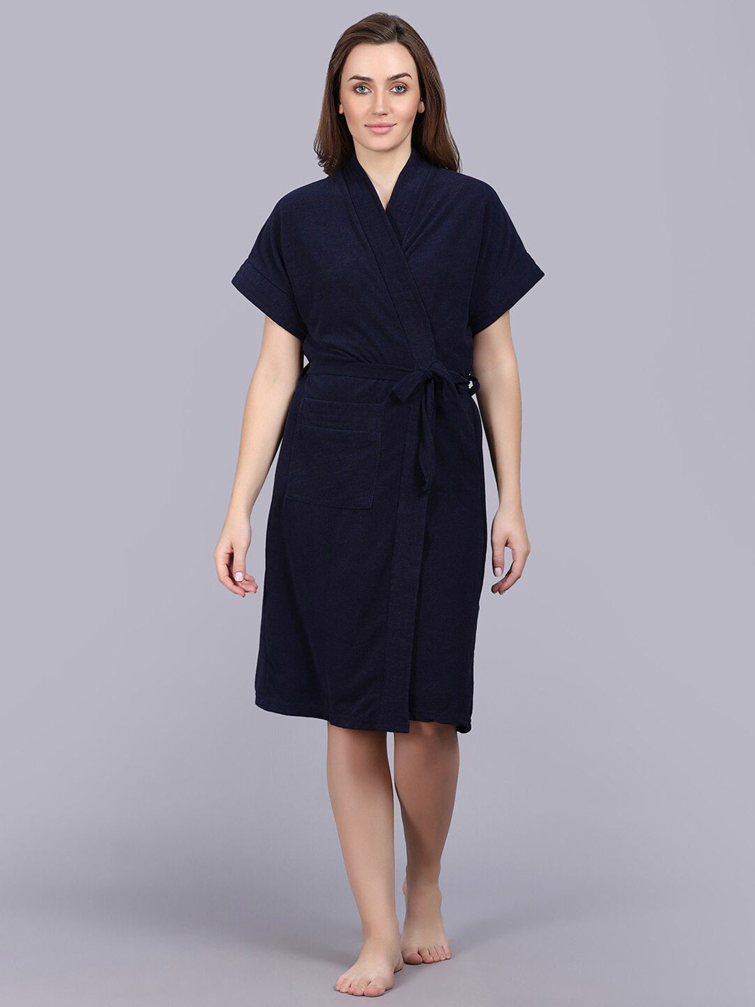 POORAK Navy Blue Shawl Collar Bath Robe deal from myntra