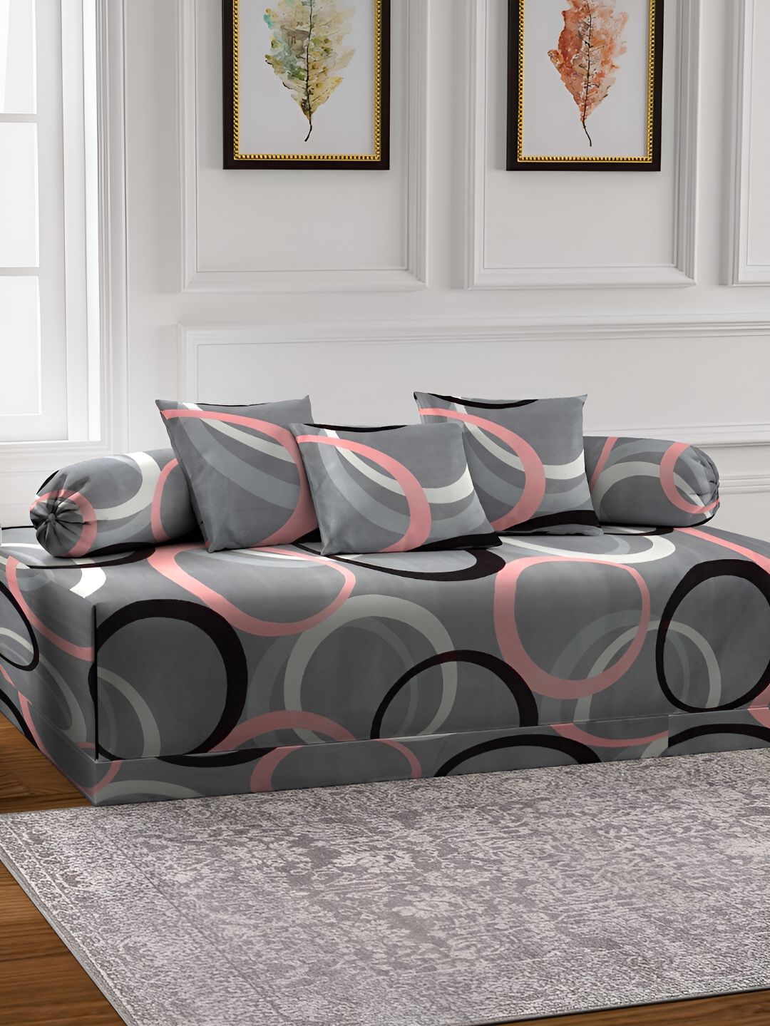 Arrabi 6 Pcs Grey & Pink Geometric Printed Diwan