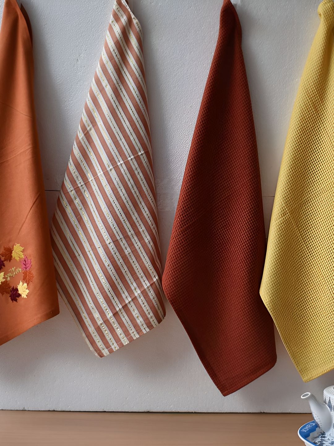 Aura TRIO Brown & Yellow 4 Pieces Striped & Embroidered 210 GSM Pure Cotton Hand Towels