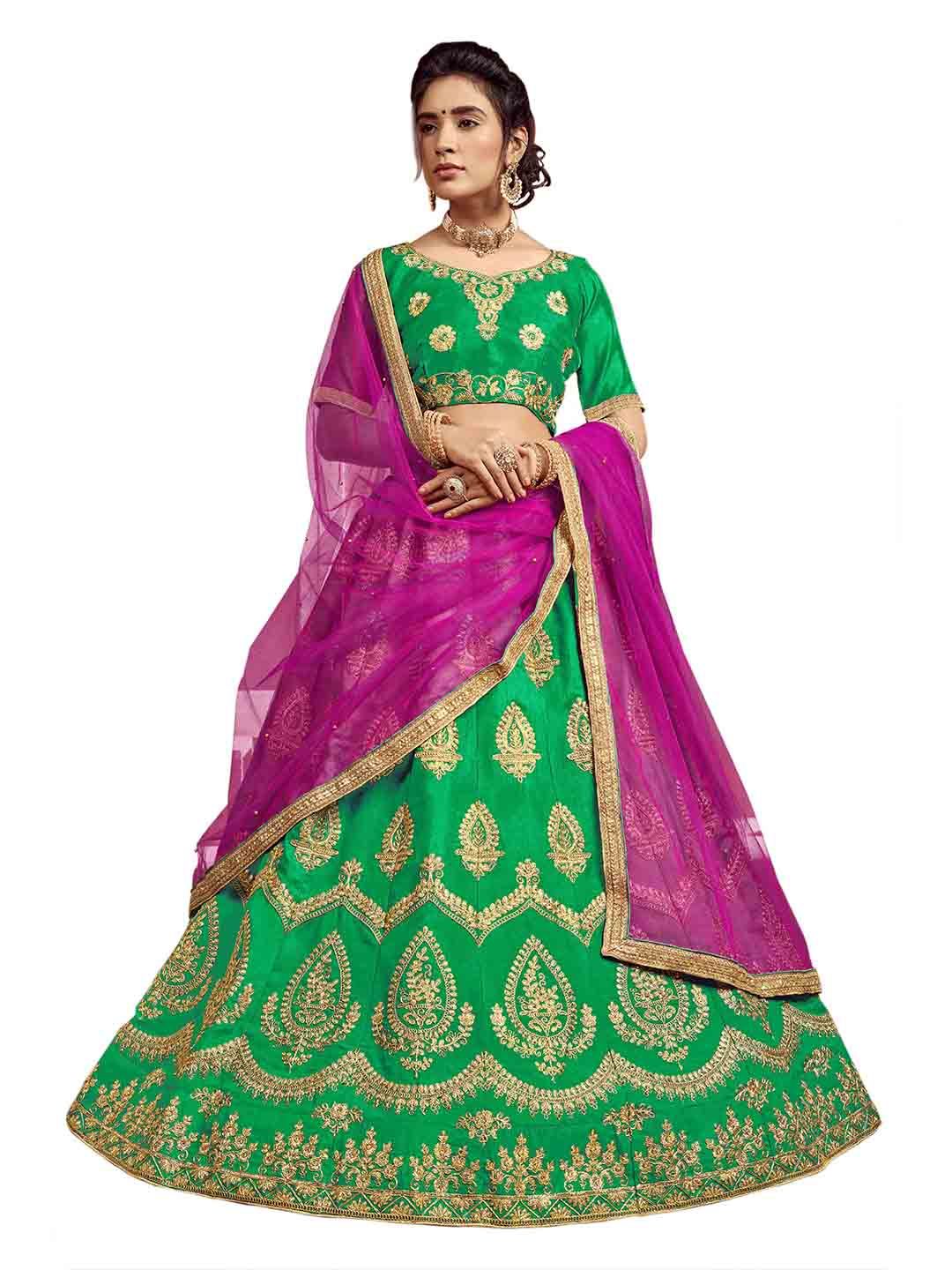 MANVAA Green & Purple Embroidered Thread Work Semi-Stitched Lehenga & Unstitched Blouse With Dupatta