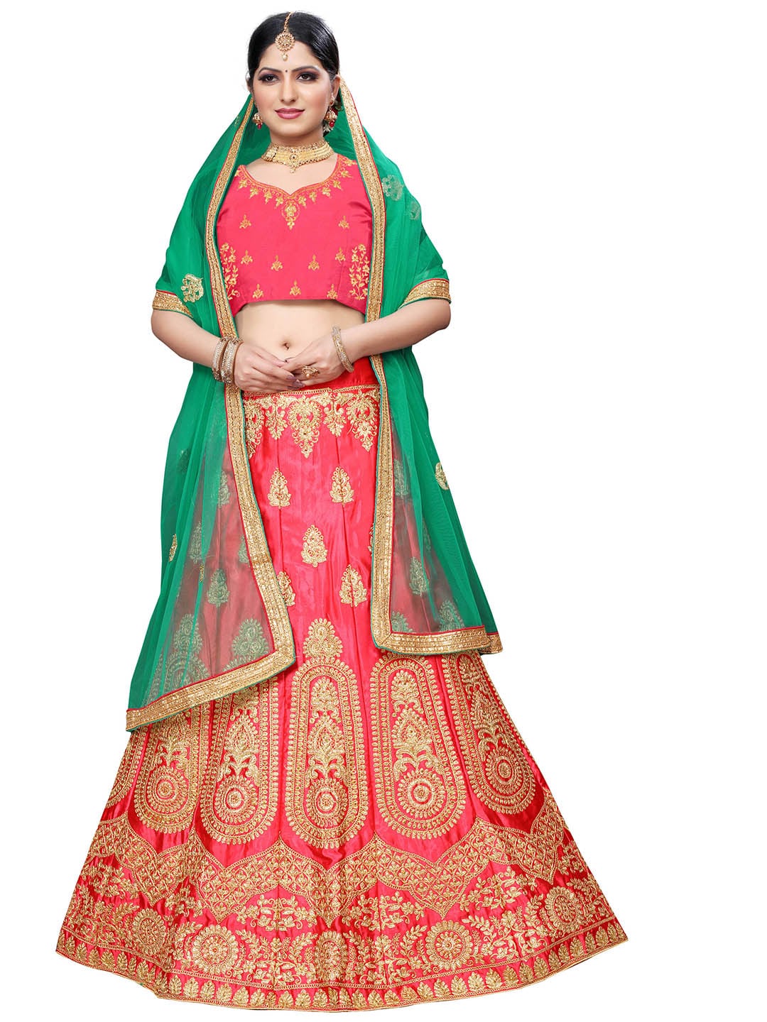 MANVAA Pink & Green Embroidered Beads and Stones Semi-Stitched Lehenga & Unstitched Blouse With Dupatta Price in India