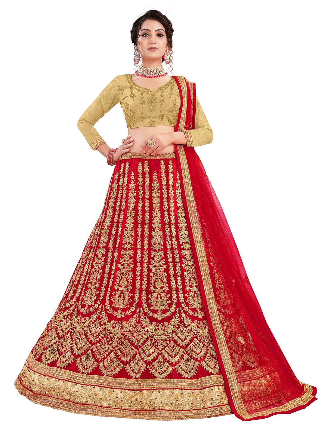 MANVAA Red & Beige Embroidered Thread Work Semi-Stitched Lehenga & Unstitched Blouse With Dupatta Price in India