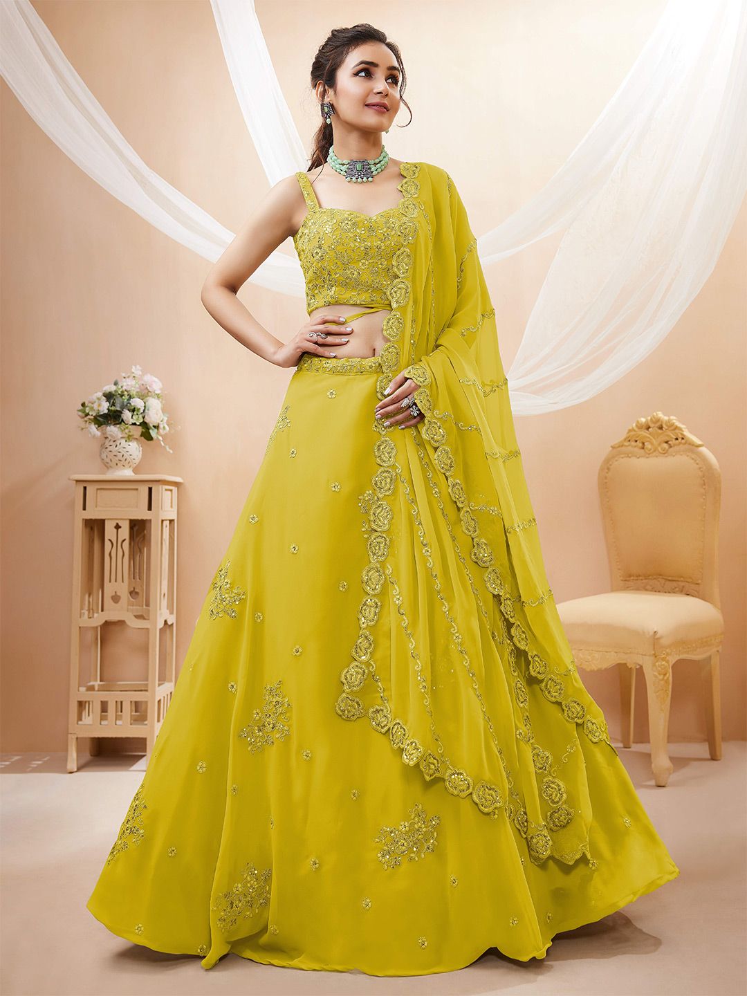 FABPIXEL Embellished Sequined Semi-Stitched Lehenga & Unstitched Blouse With Dupatta