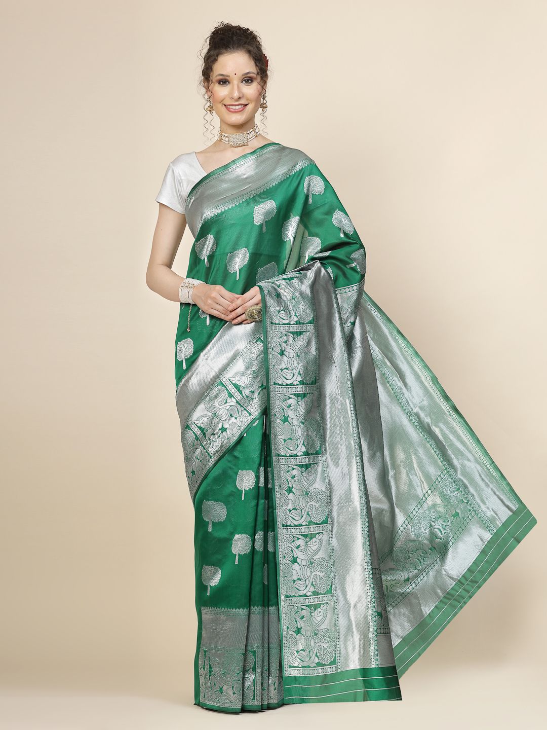 KALINI Green & Silver-Toned Woven Design Zari Banarasi Saree Price in India