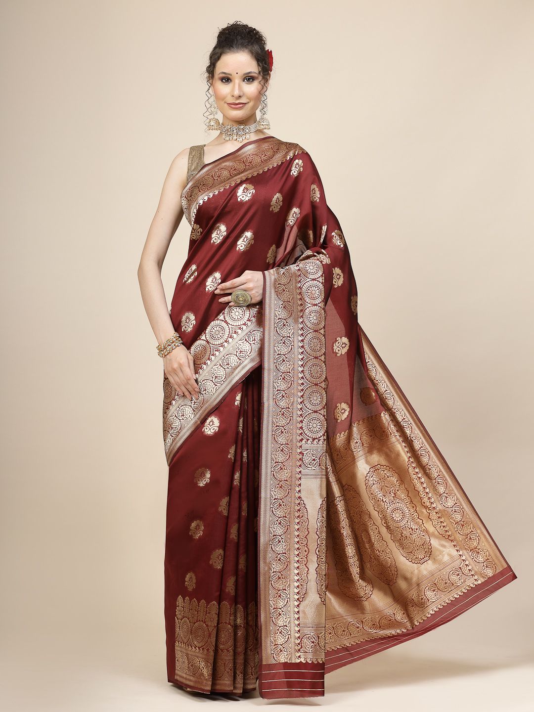 KALINI Maroon & Gold-Toned Floral Zari Banarasi Saree Price in India