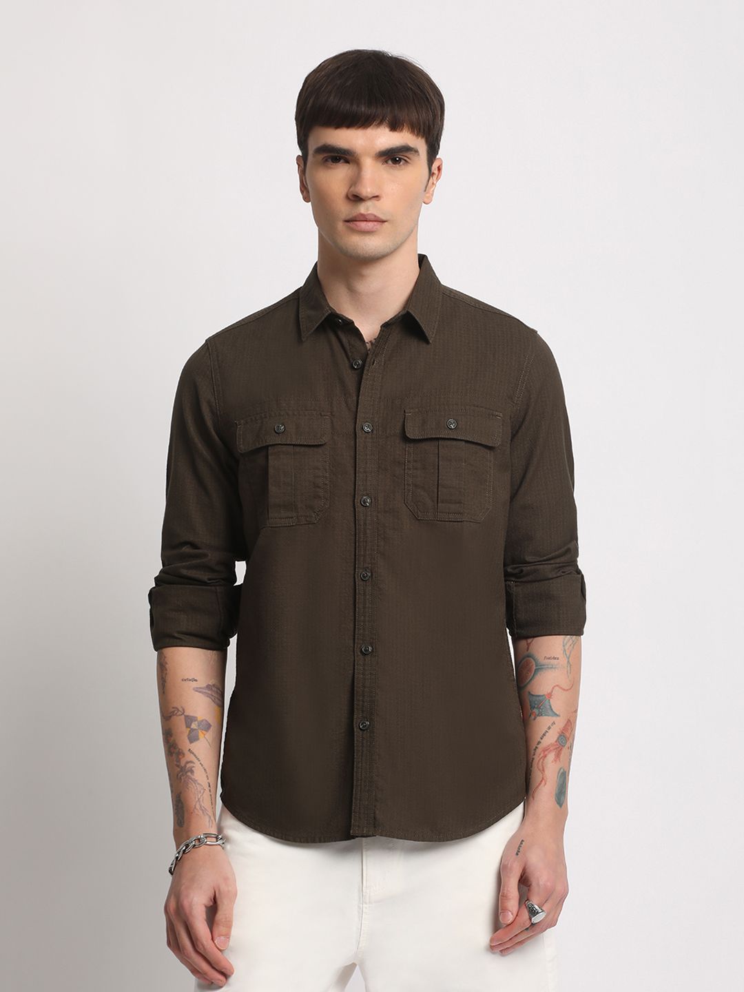 THE BEAR HOUSE Slim Fit Spread Collar Pure Cotton Casual Shirt
