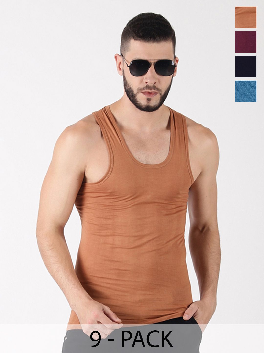 Dollar Lehar Men Combed Cotton Round Neck Vest -Pack of 9- Assorted