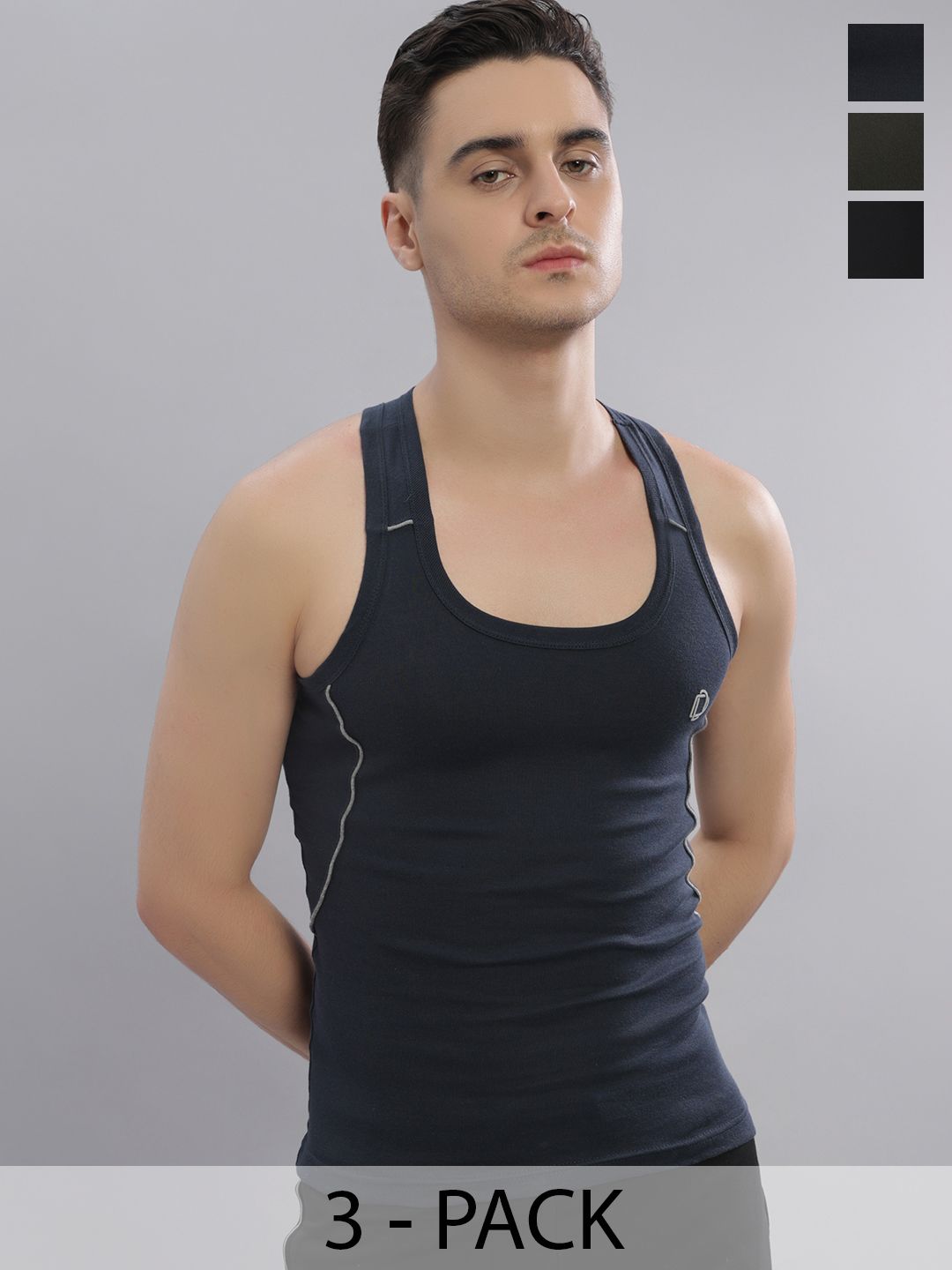 Dollar Bigboss Men Solid Pack of 3 Cotton Racerback Styled Gym Vest
