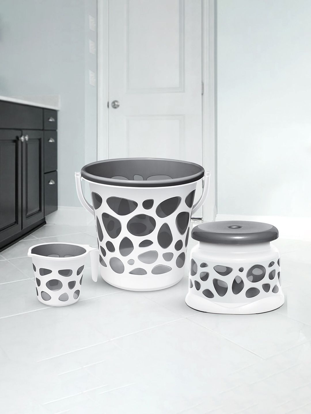 Milton Duplex Spa Grey 3 Pieces Bucket with Mug & Stool Bathroom Accessory Set 20L