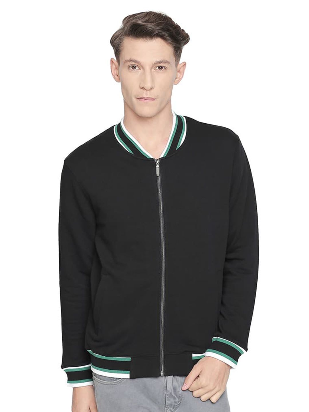 Basics Stand Collar Long Sleeves Cotton Bomber Jacket