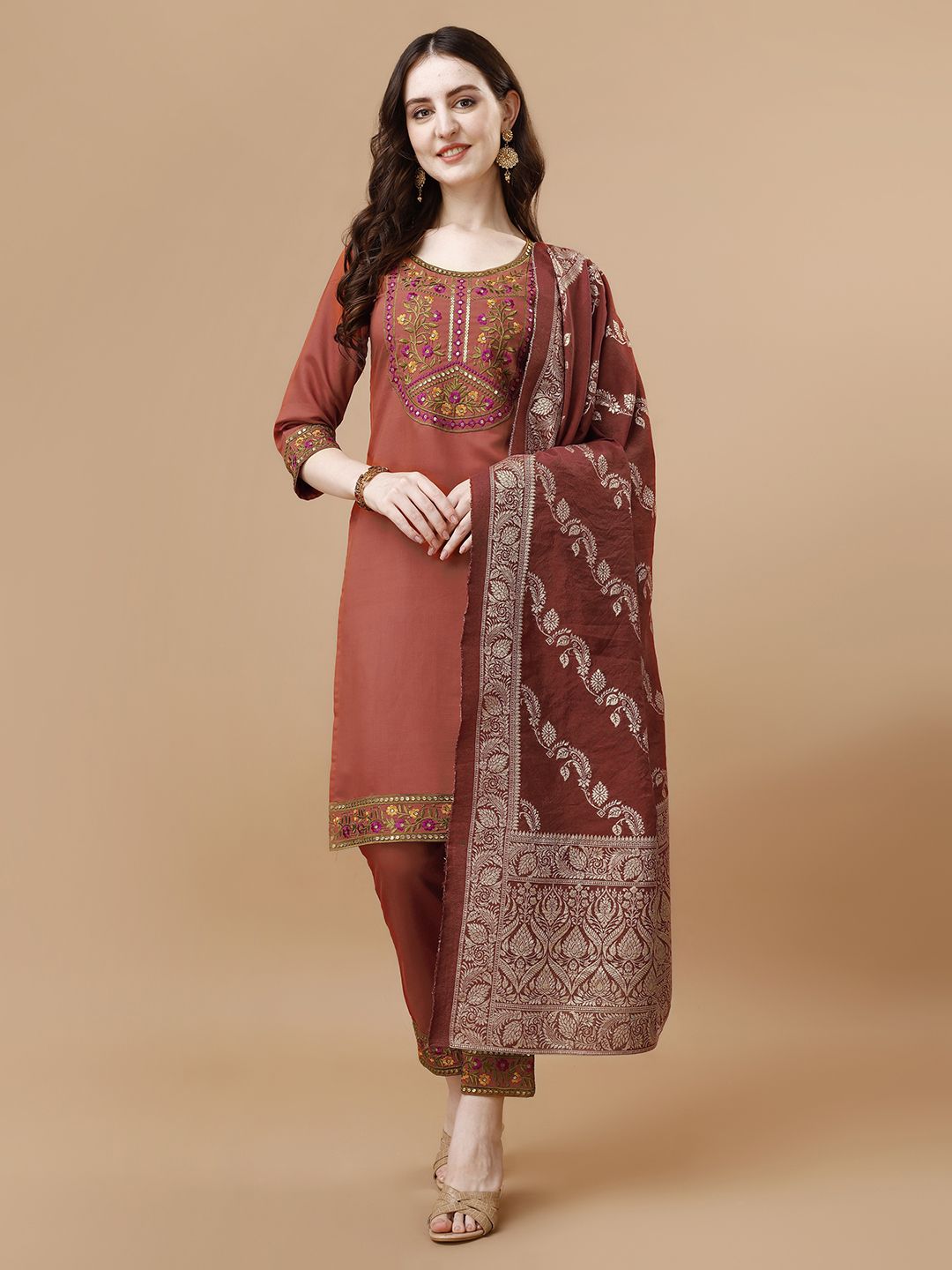 KALINI Women Rust Ethnic Motifs Embroidered Regular Kurta with Trousers & With Dupatta Price in India