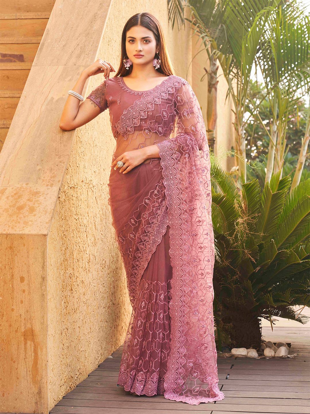 Tikhi Imli Ethnic Motifs Embroidered Net Heavy Work Saree