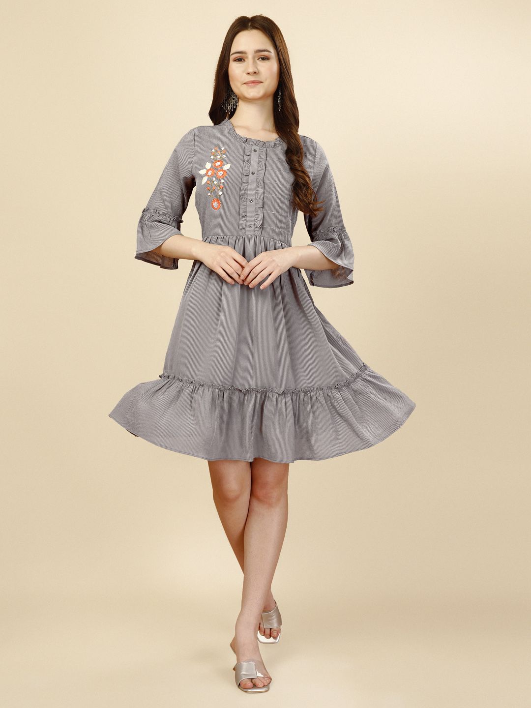 NAINVISH Grey Bell Sleeve Fit & Flare Dress Price in India