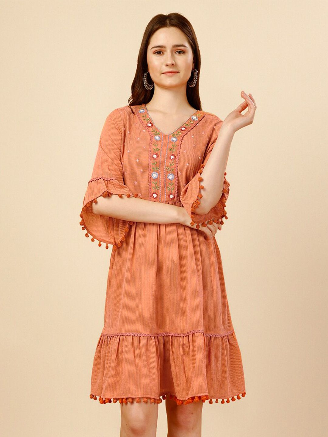 NAINVISH Orange Bell Sleeve A-Line Dress Price in India