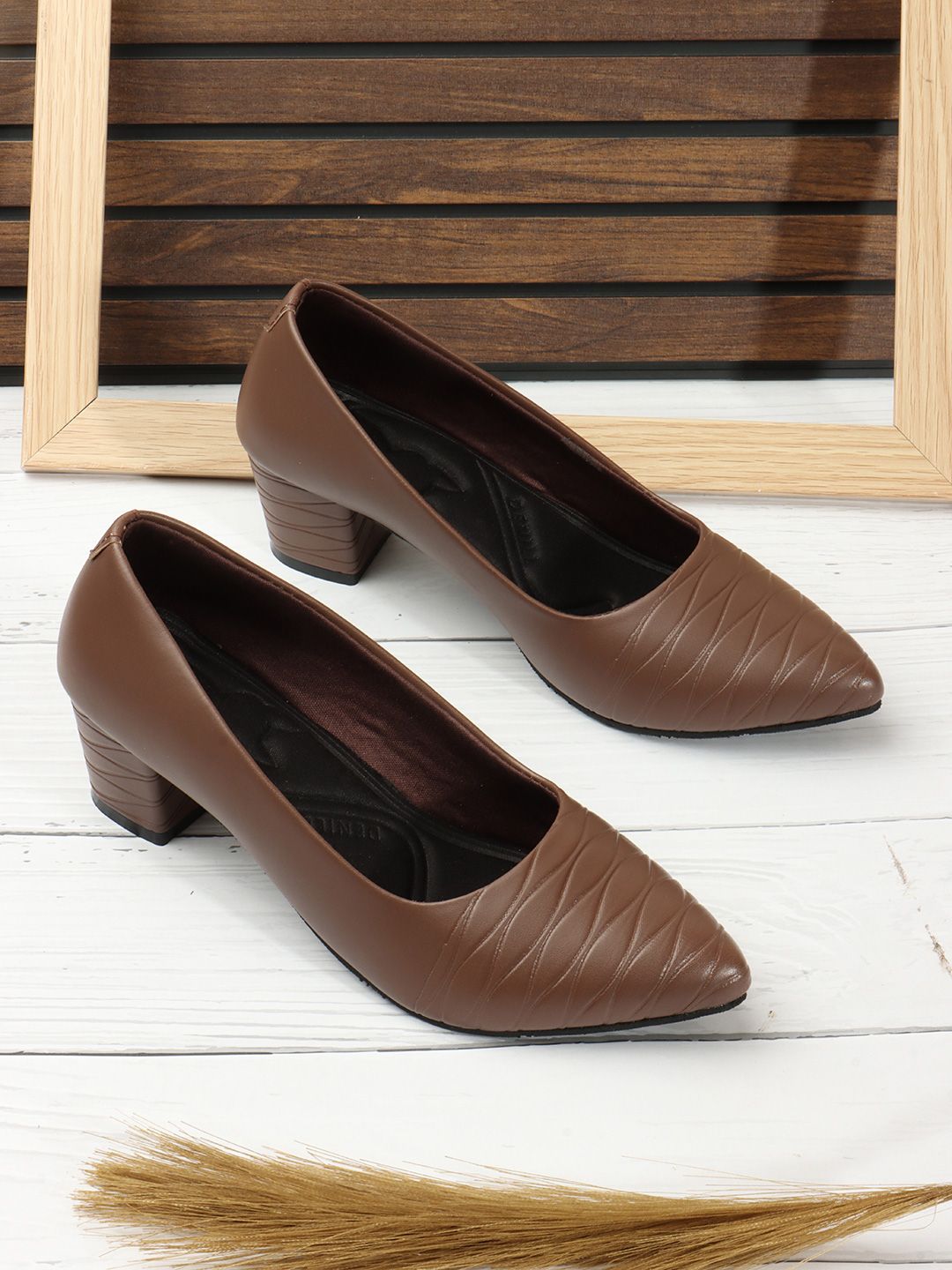 Denill Textured Pointed Toe Block Heeled Pumps