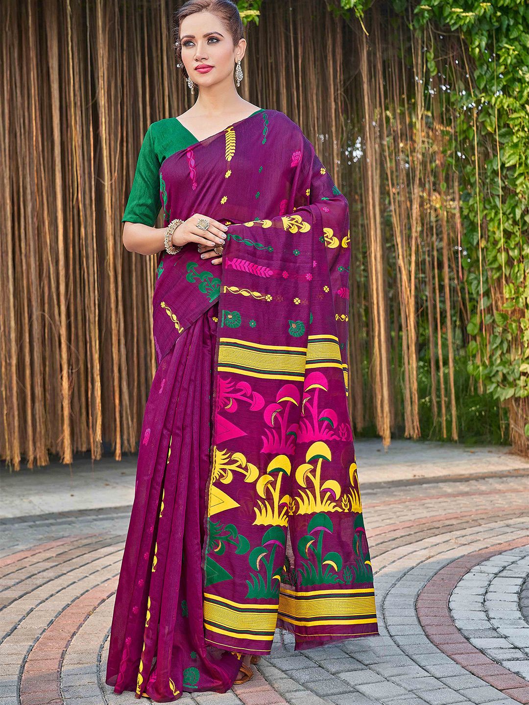 Chandbaali Burgundy & Yellow Woven Design Linen Blend Jamdani Saree Price in India