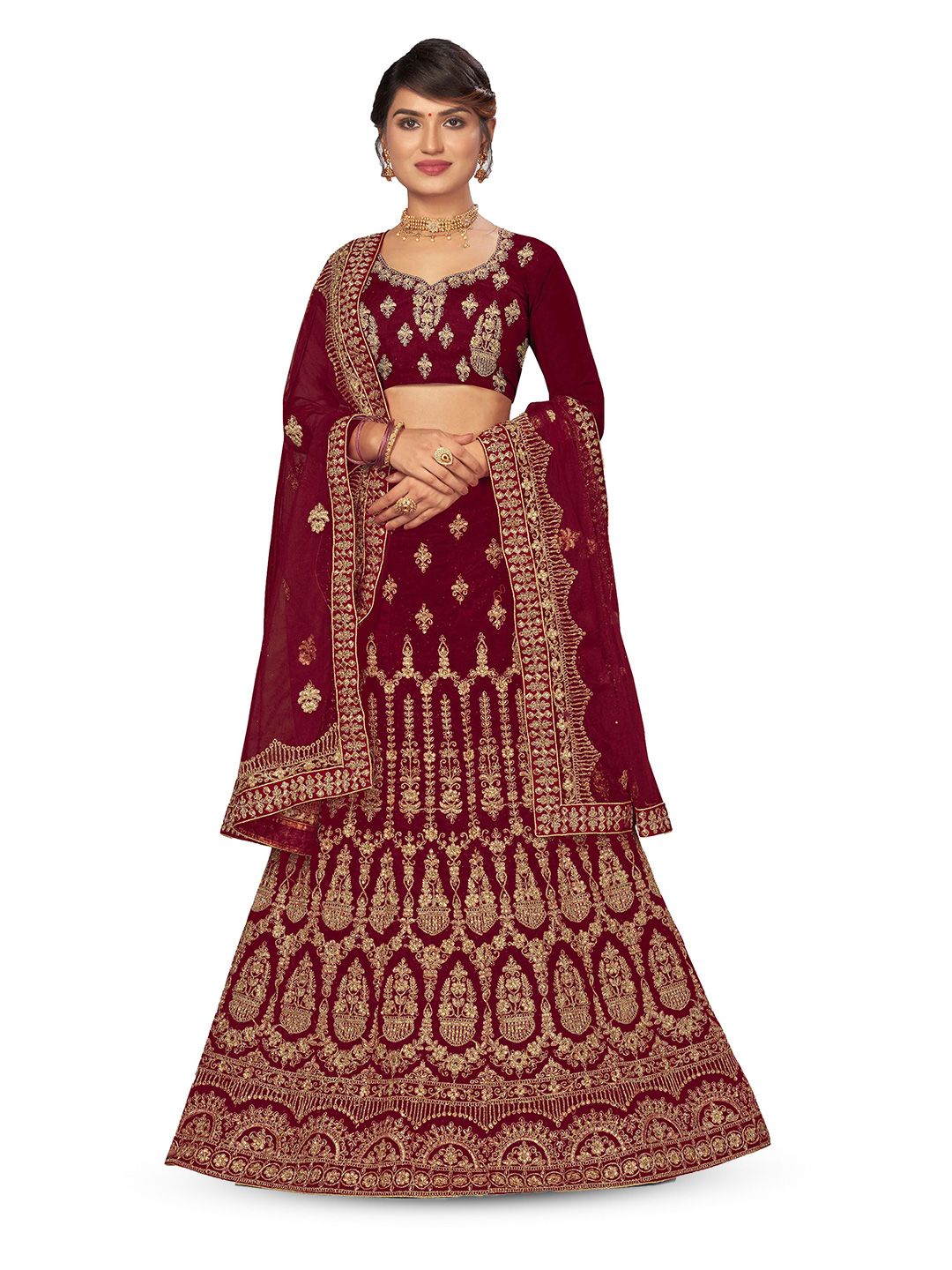 MANVAA Maroon & Beige Embroidered Thread Work Semi-Stitched Lehenga & Unstitched Blouse With Dupatta Price in India