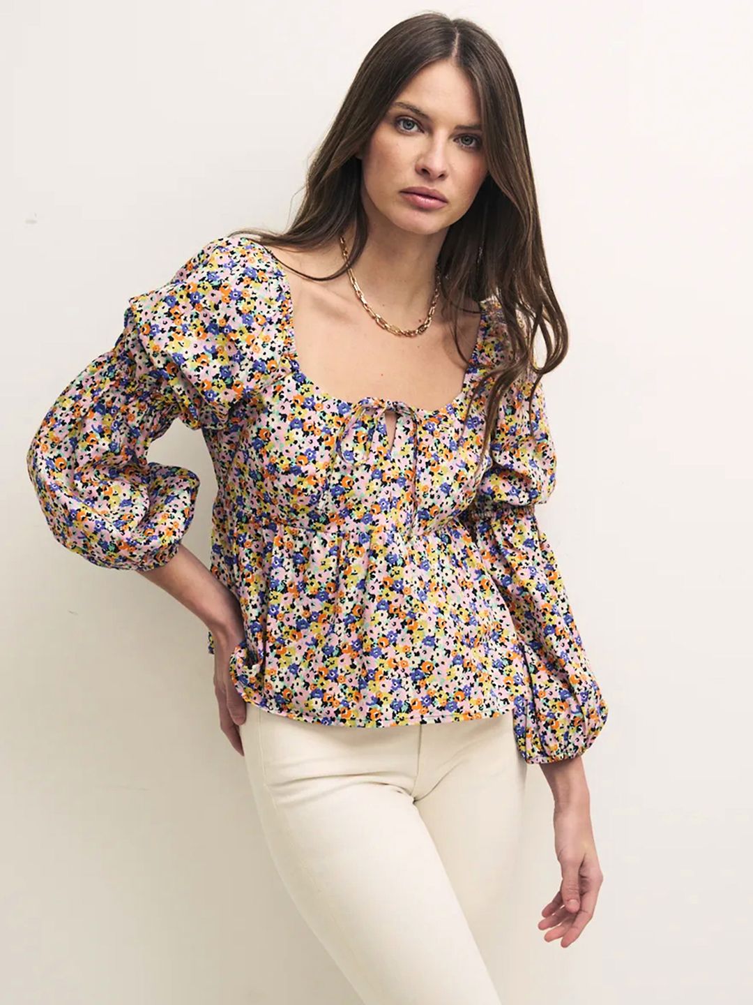 Selvia Floral Print Puff Sleeve Crepe Blouson Top