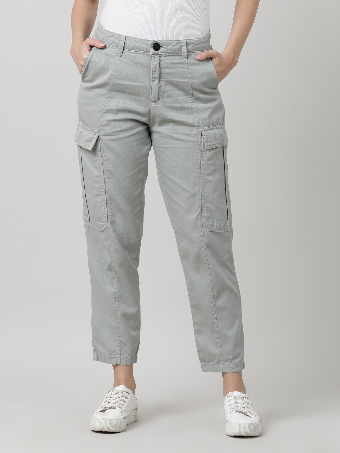 IVOC Women Grey Mid-Rise Cotton Cargos Trousers Price in India