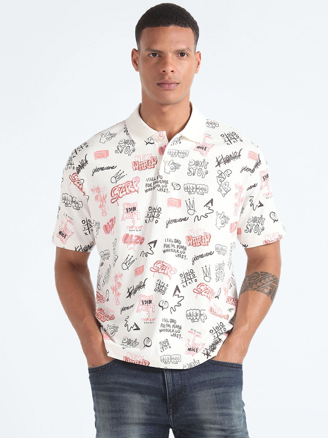 Flying Machine Men White Printed Polo Collar Tropical Pockets Relaxed Fit T-shirt