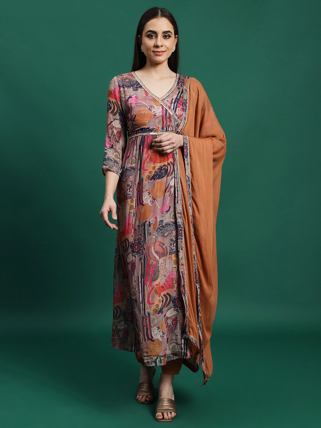 Ramas V-neck  three-quarter sleeves Floral Printed Angrakha Beads and Stones Kurta Set