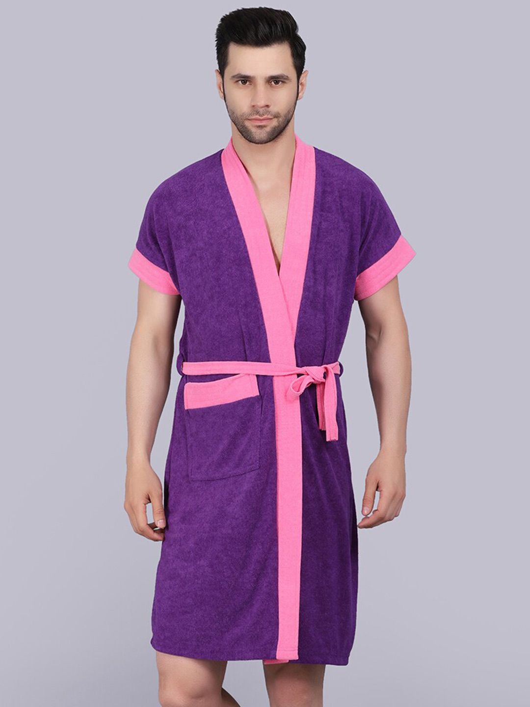 POORAK Men Purple & Pink Short Sleeve Terry Bath Robe