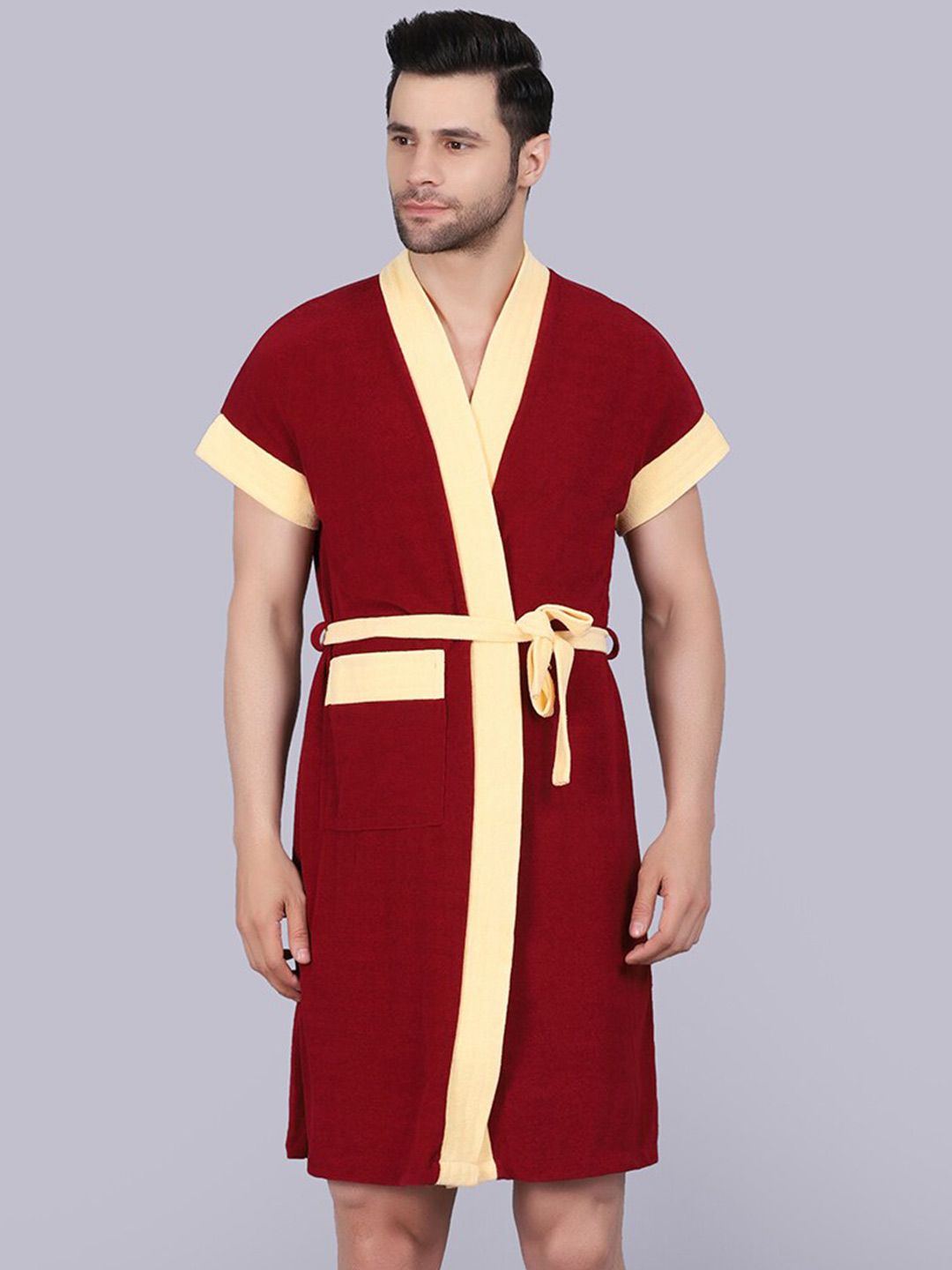 POORAK Men Maroon & Yellow Short Sleeves Terry Bath Robe