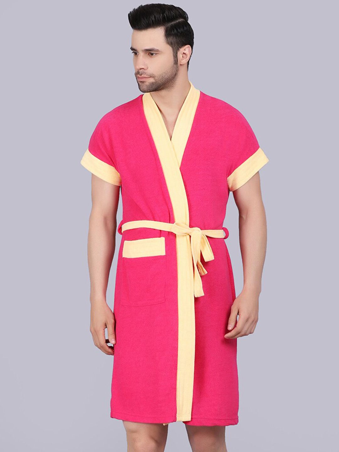 POORAK Men Pink & Yellow Short Sleeves Terry Bath Robe