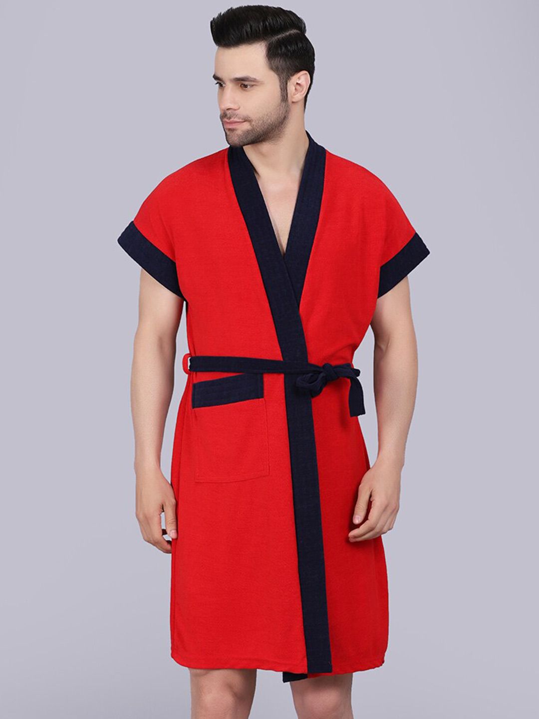 POORAK Men Red & Navy Blue Short Sleeves Terry Bath Robe