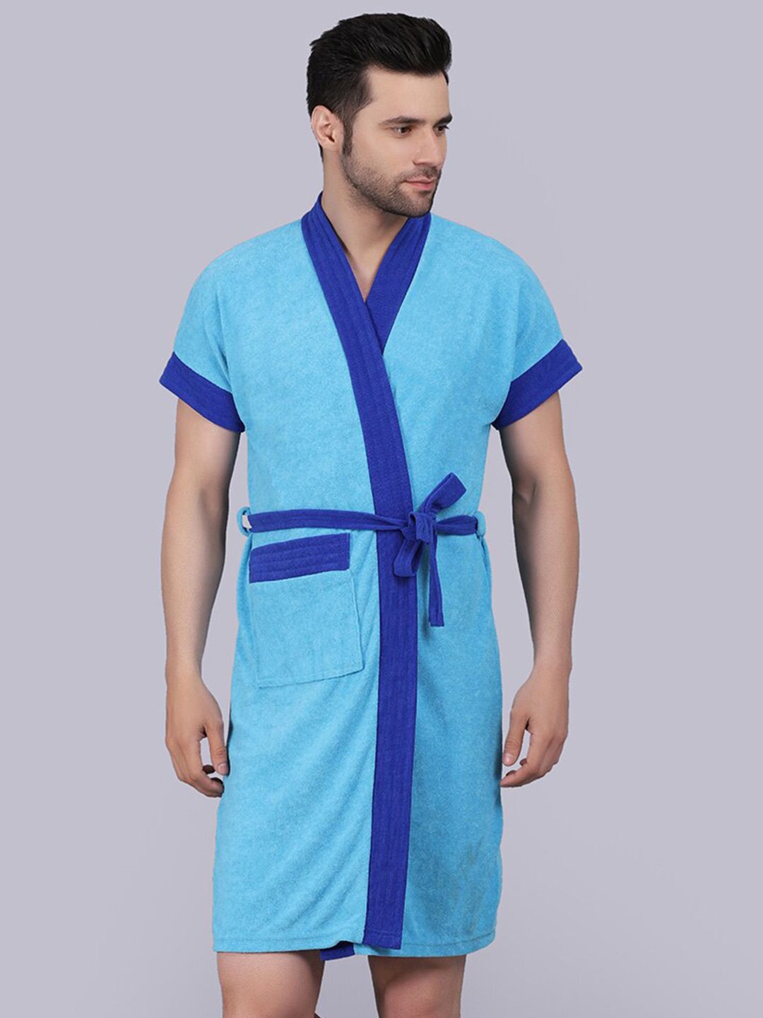 POORAK Men Blue Short Sleeves Terry Bath Robe