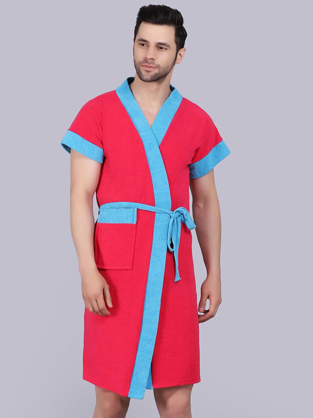 POORAK Men Pink & Blue Short Sleeves Terry Bath Robe