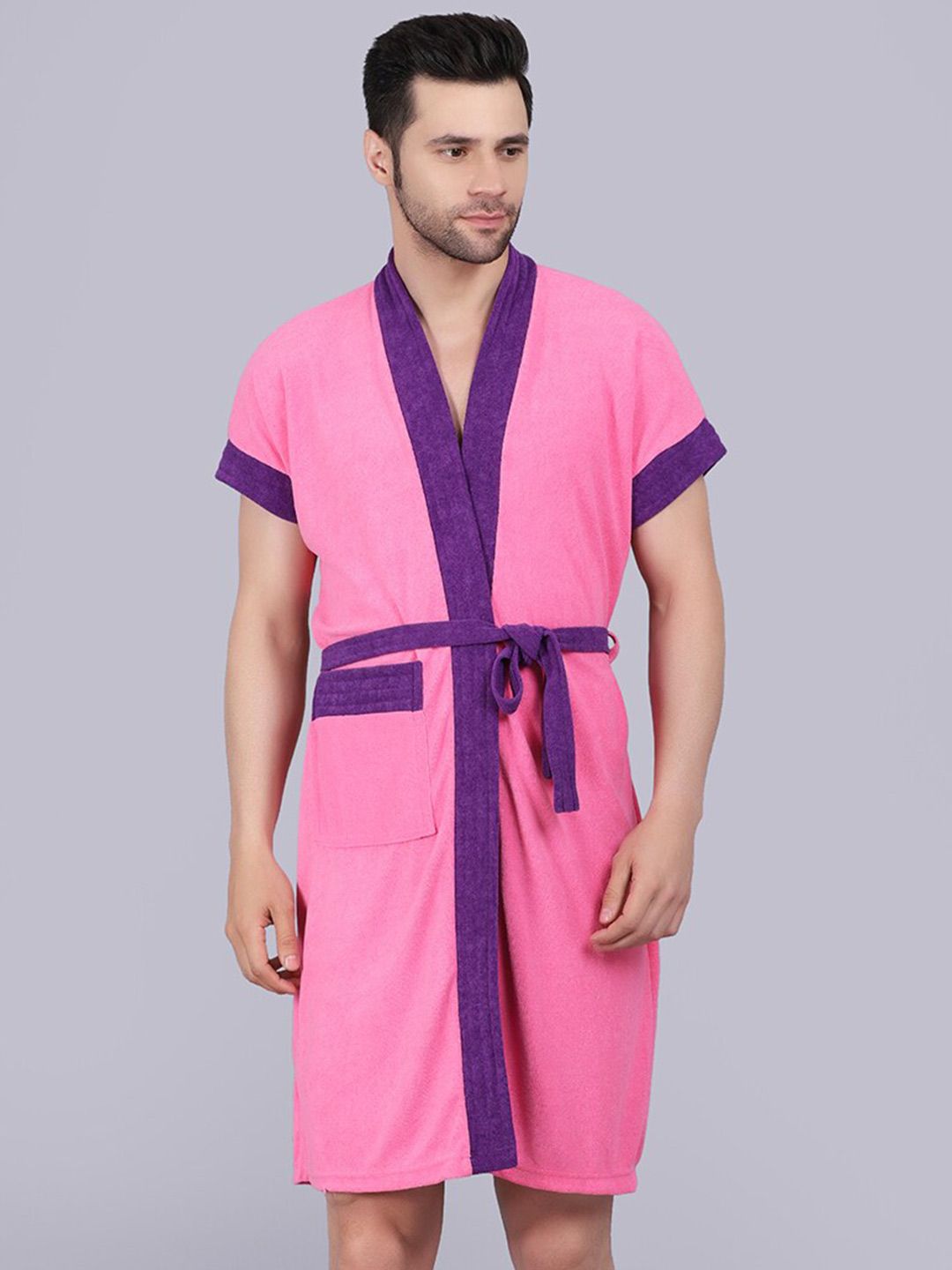 POORAK Men Pink & Purple Short Sleeves Terry Bath Robe