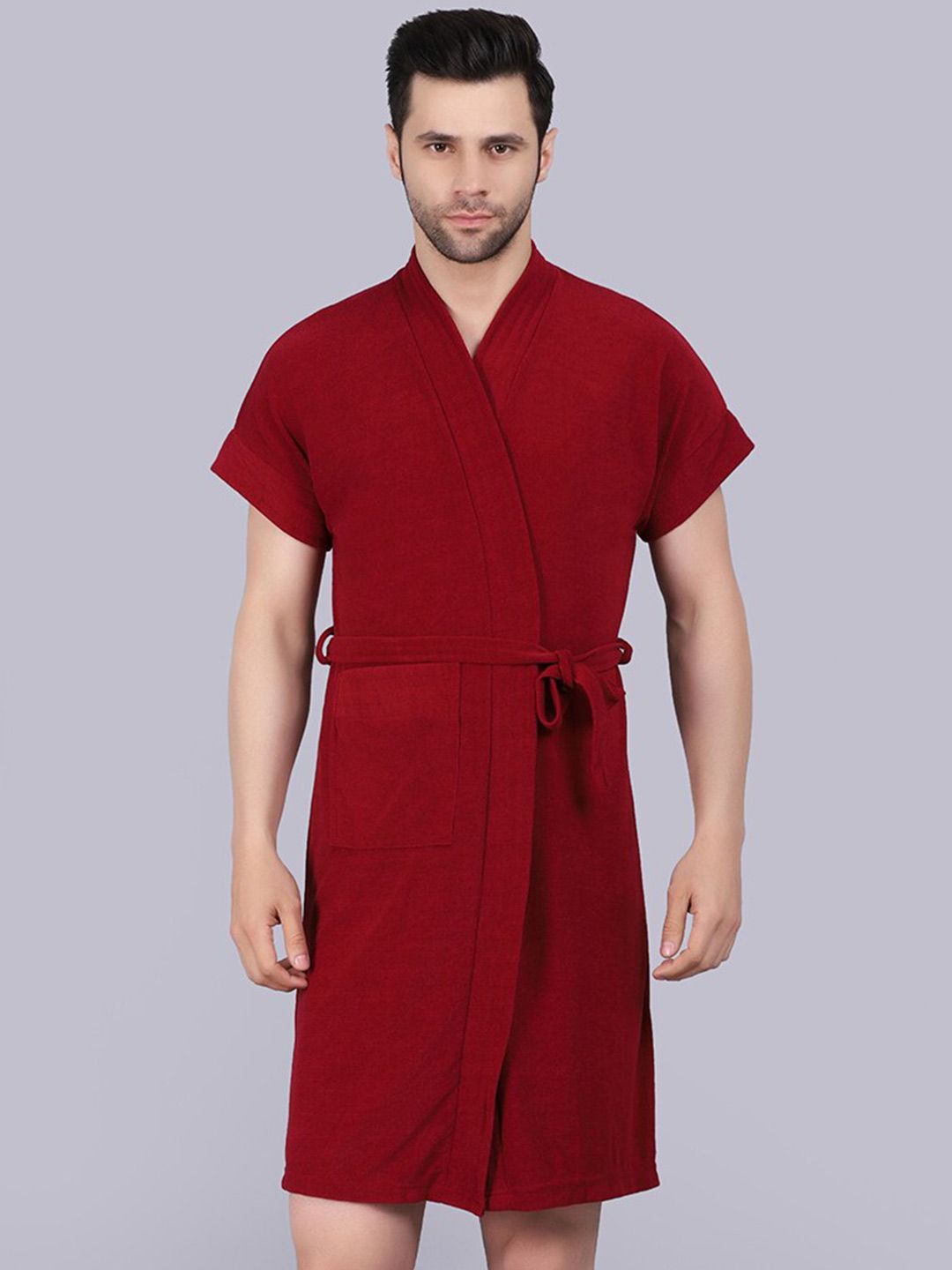 POORAK Men Maroon Short Sleeves Terry Bath Robe