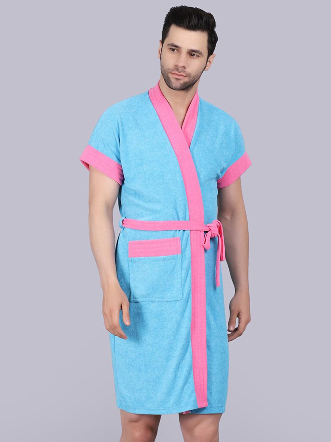 POORAK Men Blue & Pink Short Sleeve Terry Bath Robe