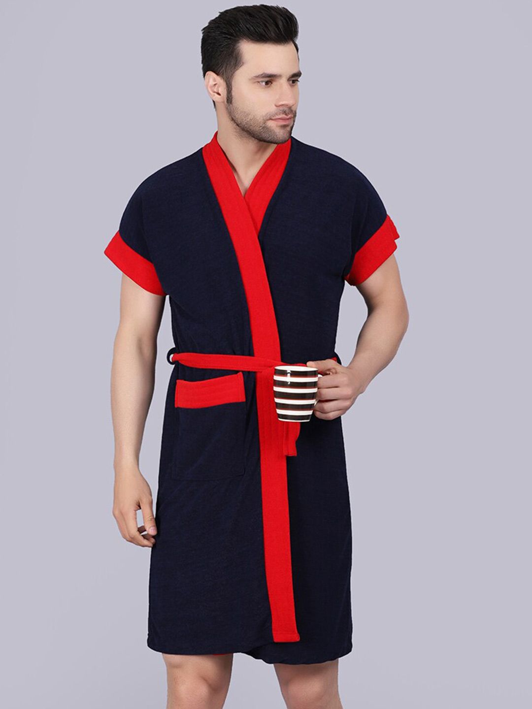 POORAK Men Black & Red Short Sleeves Terry Bath Robe