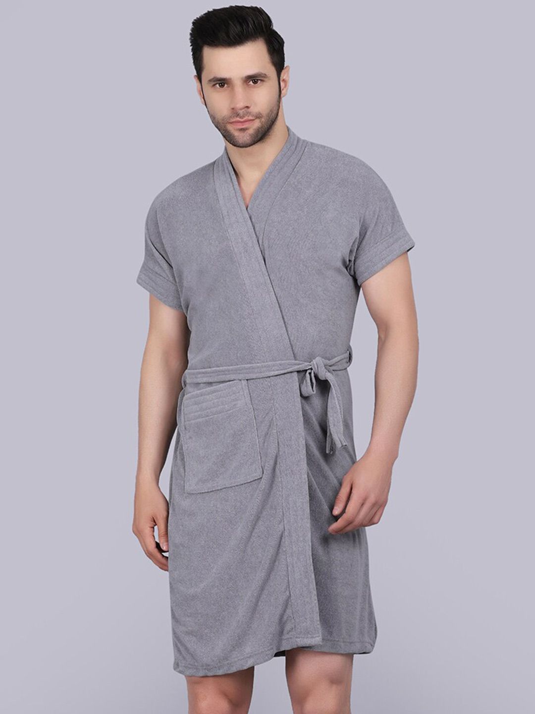 POORAK Men Grey Short Sleeves Terry Bath Robe
