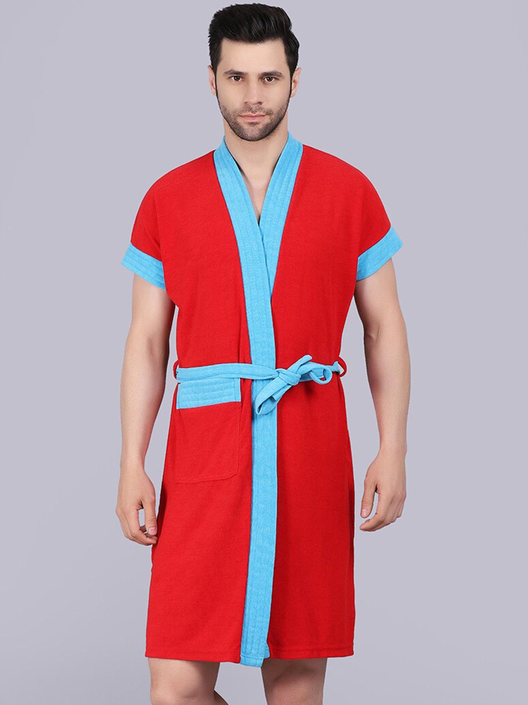 POORAK Men Red & Blue Short Sleeves Terry Bath Robe