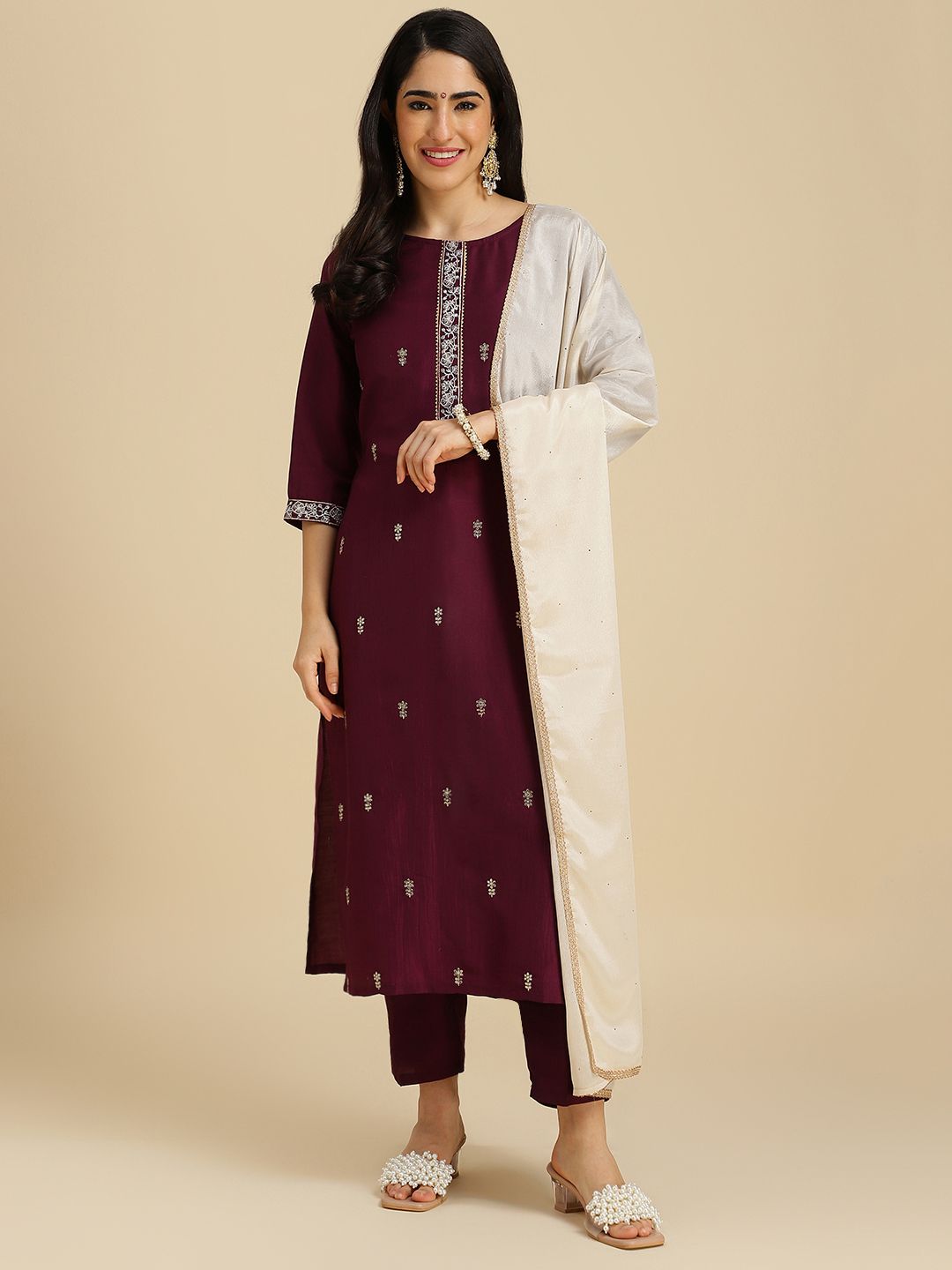 MOKOSH Floral Embroidered Regular Gotta Patti Kurta With Trousers & Dupatta Price in India