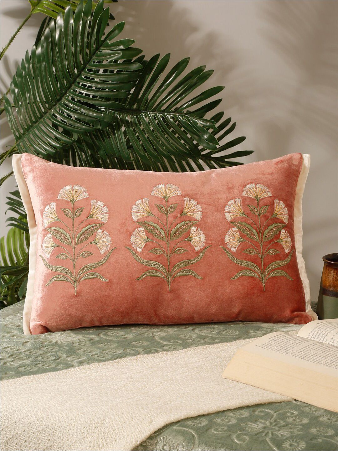 NISRAG HOME Pink & Green Floral Embroidered Velvet Rectangle Cushion Cover