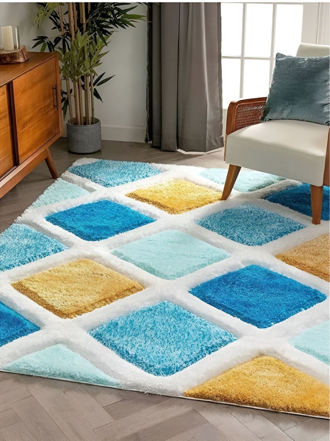 Shopgallery Shopgallery Turquoise Blue & Yellow Geometric Anti-Skid Shaggy Carpet