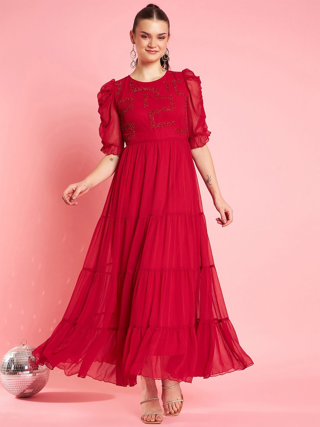 Antheaa Embellished Puff Sleeve Chiffon Maxi Dress Price in India