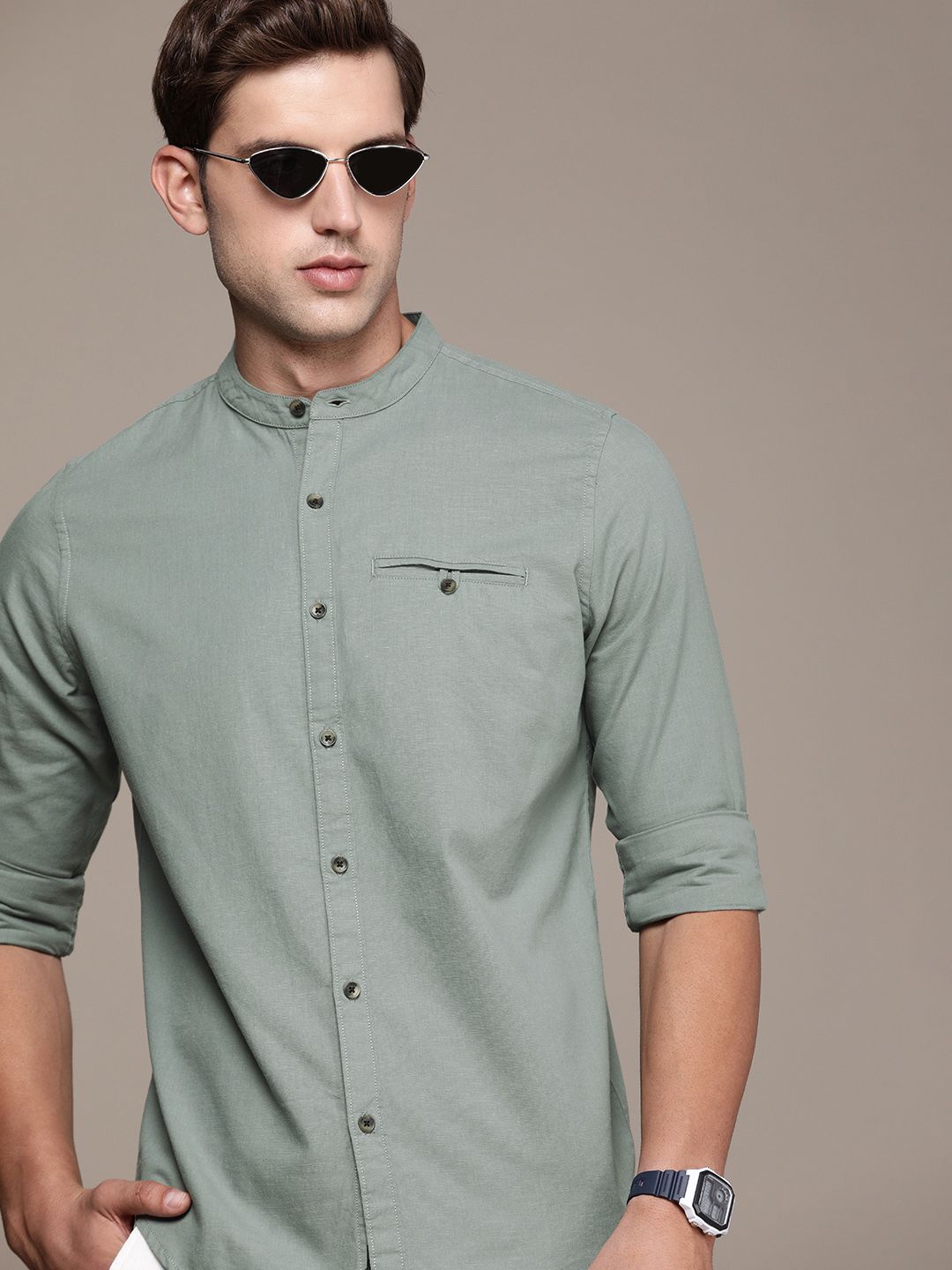 WROGN Men Slim Fit Band Collar Cotton Casual Shirt