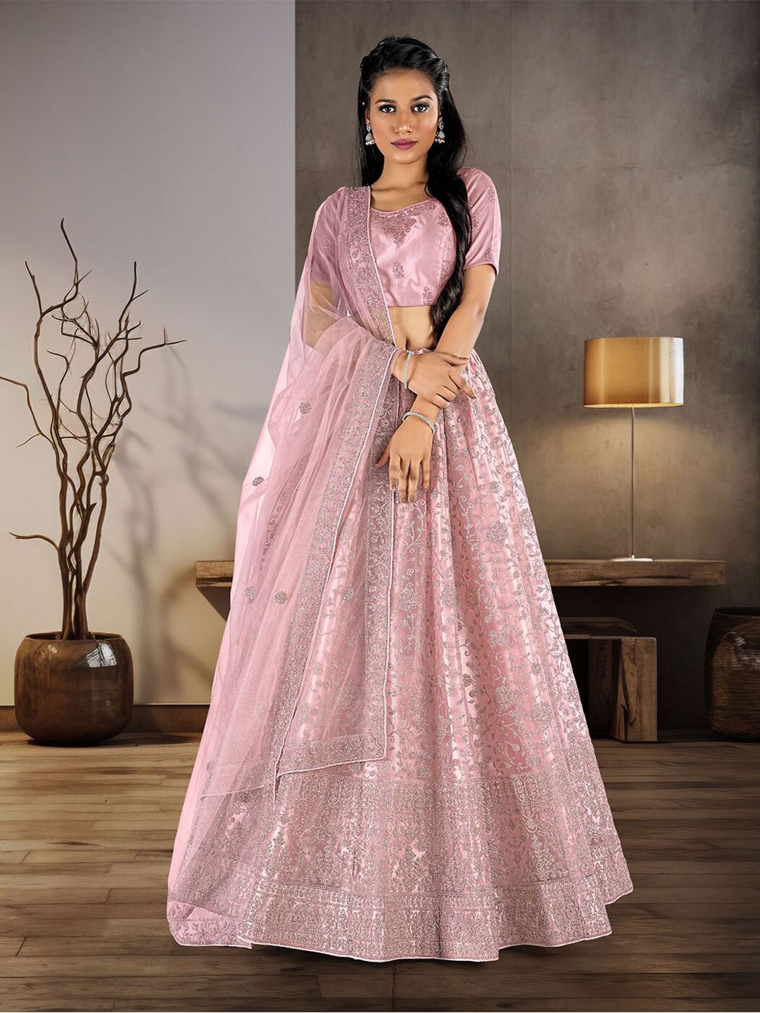 HALFSAREE STUDIO Pink Embroidered Semi-Stitched Lehenga & Unstitched Blouse With Dupatta Price in India