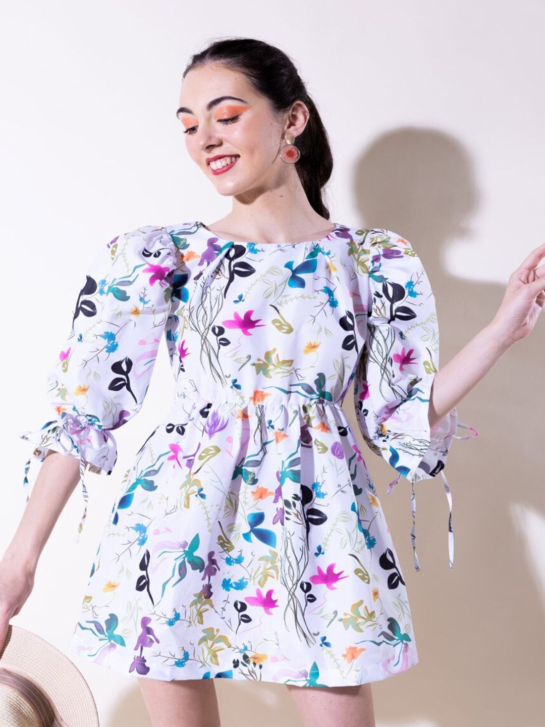 Stylecast X Hersheinbox Multicoloured Floral Print Tie-Up Neck Bell Sleeve Fit & Flare Dress Price in India