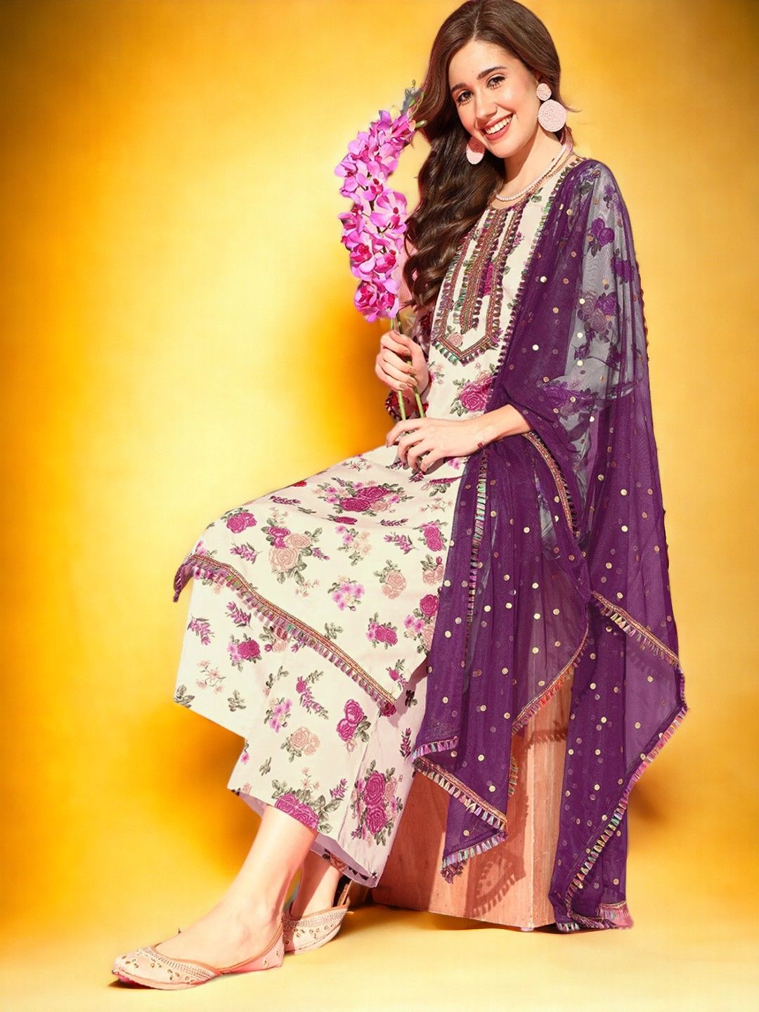 Ahalyaa White Floral Printed Gotta Patti Straight Kurta With Palazzos & Dupatta Price in India